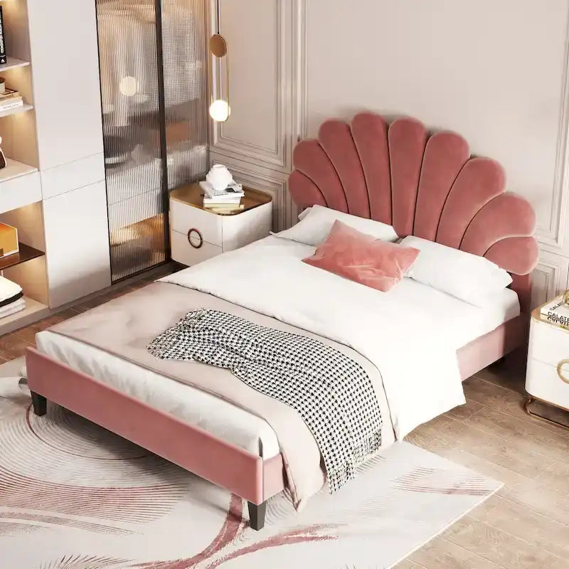 Classic Full Size Platform Bed Soft Velvet Upholstered Bed Frame with Flower Pattern Headboard, NO Box Spring Required