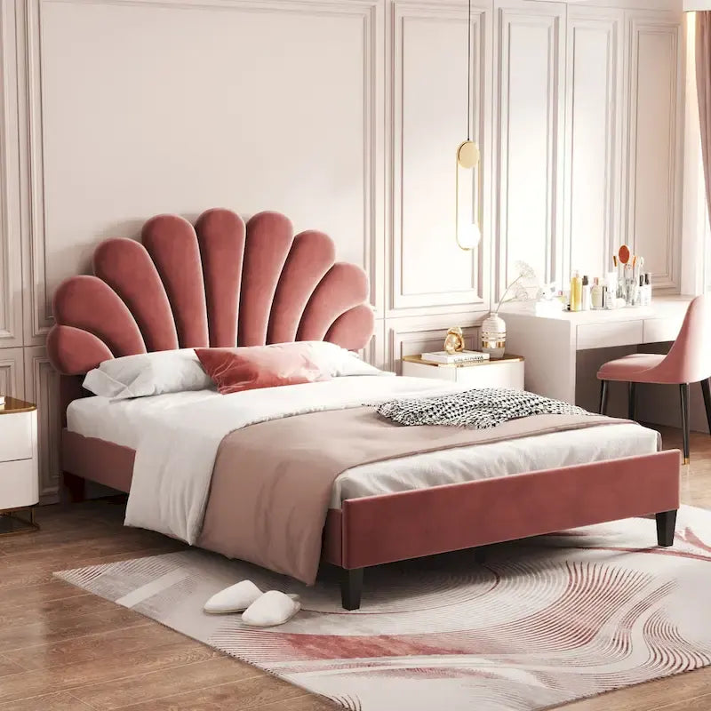 Classic Full Size Platform Bed Soft Velvet Upholstered Bed Frame with Flower Pattern Headboard, NO Box Spring Required