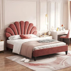 Classic Full Size Platform Bed Soft Velvet Upholstered Bed Frame with Flower Pattern Headboard, NO Box Spring Required