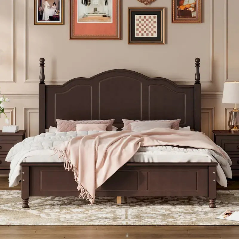 Retro Style Queen Size Platform Bed, Wood Platform Bed Frame with Solid Wooden Slat Support & Curved Headboard Panel Bed