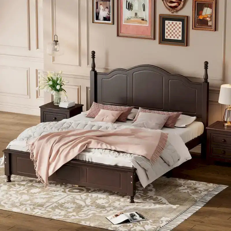 Retro Style Queen Size Platform Bed, Wood Platform Bed Frame with Solid Wooden Slat Support & Curved Headboard Panel Bed
