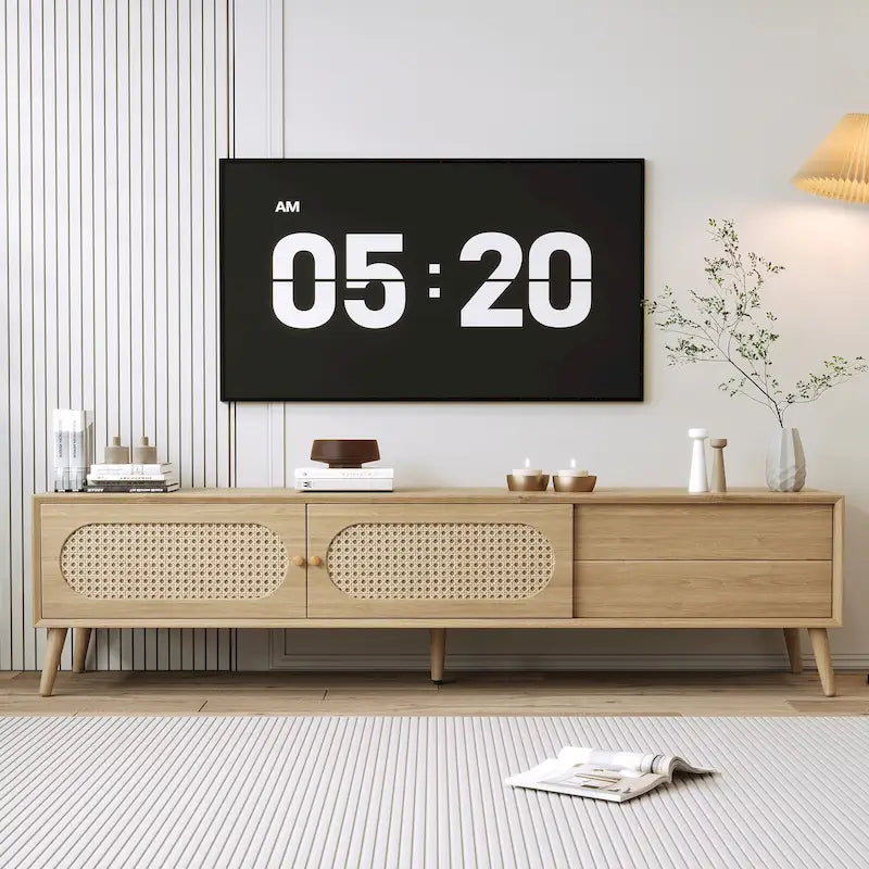 TV Stand for TVs up to 80 , Modern Farmhouse Media Console, Entertainment Center with Solid Wood Legs