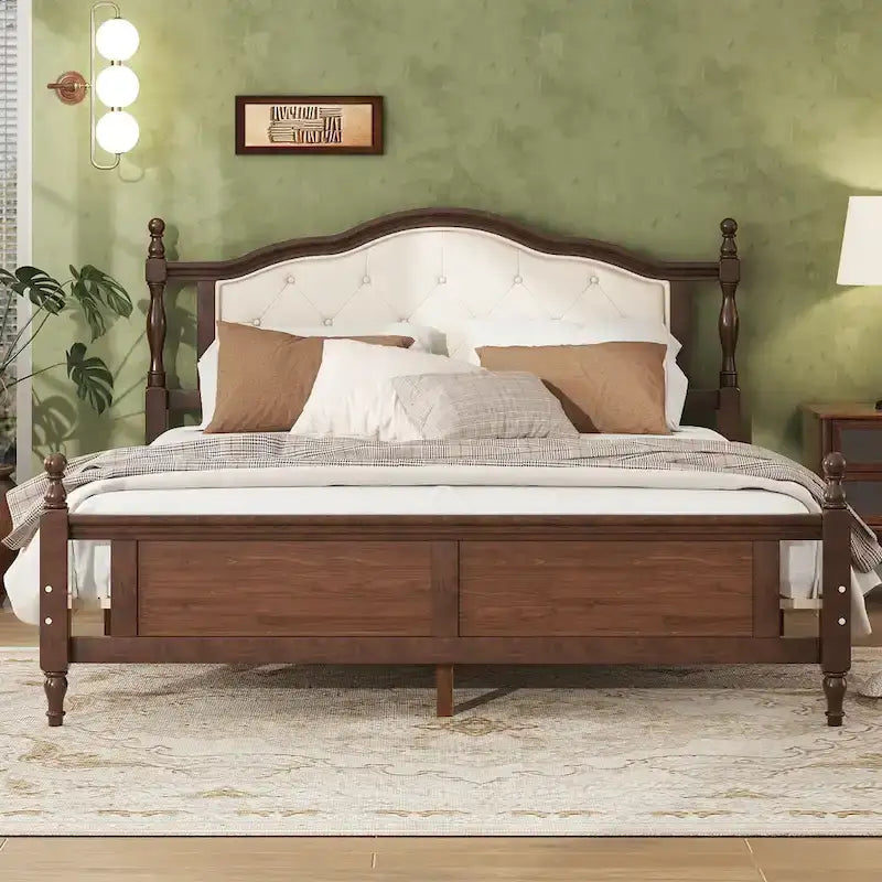 Queen Pine Wood Bed with Upholstered Headboard & Panel Footboard, Hidden Storage,Walnut
