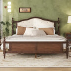 Queen Pine Wood Bed with Upholstered Headboard & Panel Footboard, Hidden Storage,Walnut