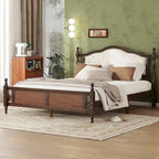 Queen Pine Wood Bed with Upholstered Headboard & Panel Footboard, Hidden Storage,Walnut