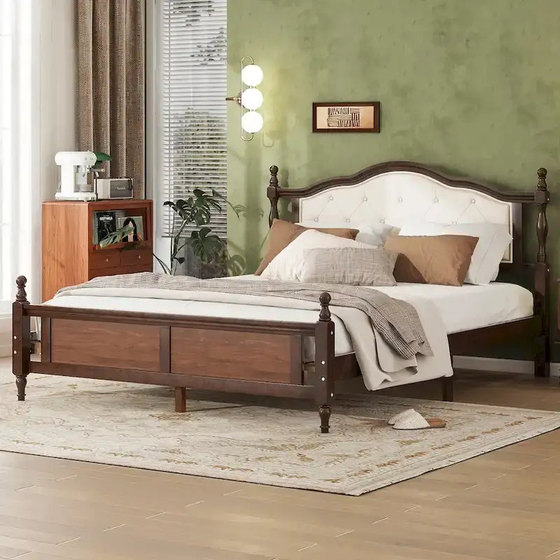 Queen Pine Wood Bed with Upholstered Headboard & Panel Footboard, Hidden Storage,Walnut