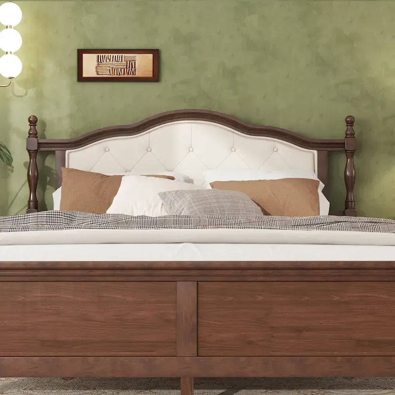 Queen Pine Wood Bed with Upholstered Headboard & Panel Footboard, Hidden Storage,Walnut