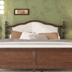Queen Pine Wood Bed with Upholstered Headboard & Panel Footboard, Hidden Storage,Walnut