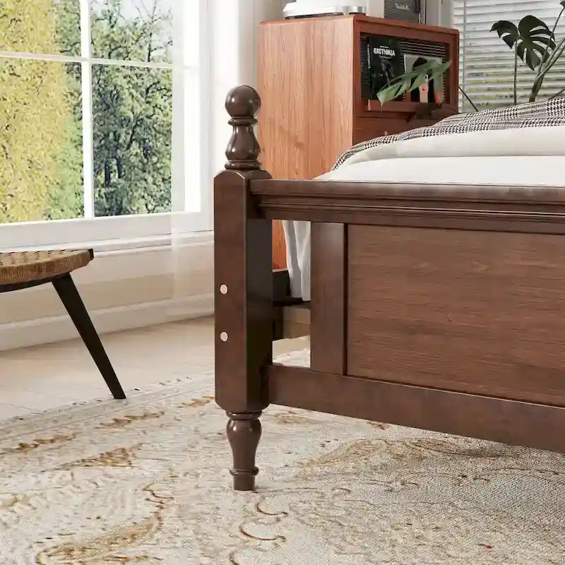 Queen Pine Wood Bed with Upholstered Headboard & Panel Footboard, Hidden Storage,Walnut