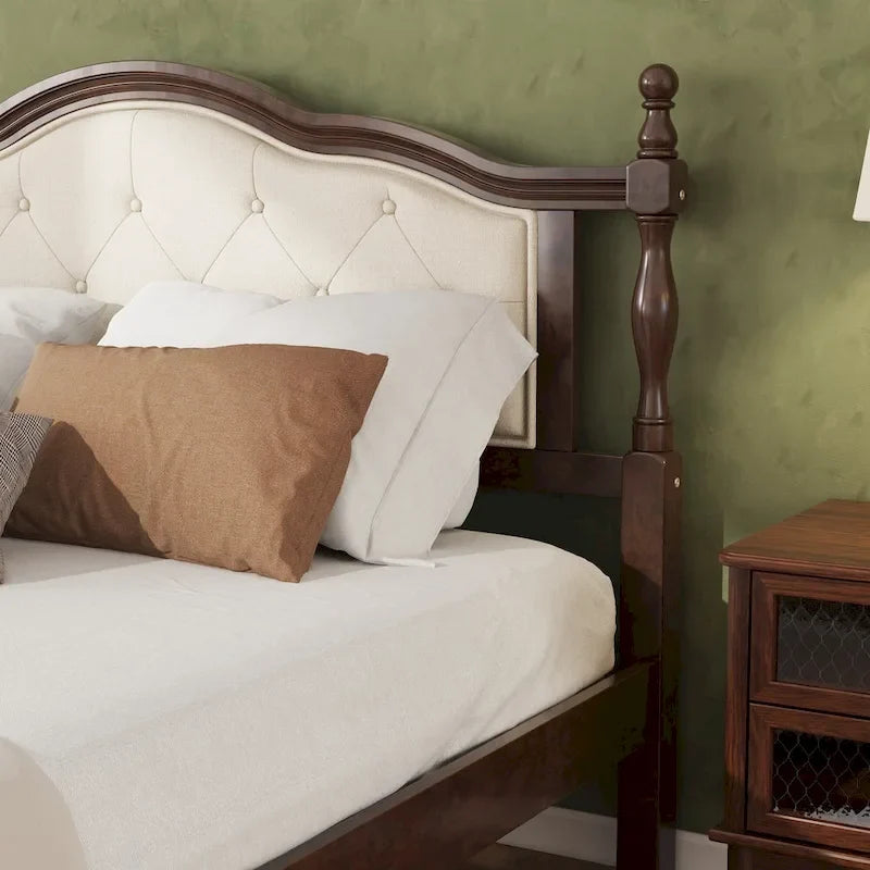 Queen Pine Wood Bed with Upholstered Headboard & Panel Footboard, Hidden Storage,Walnut