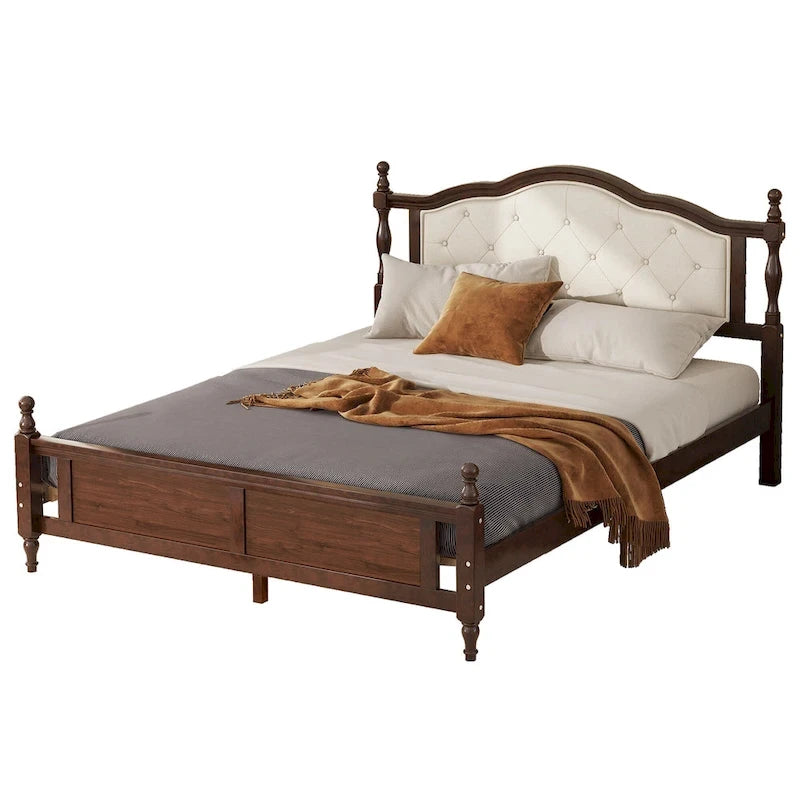 Queen Pine Wood Bed with Upholstered Headboard & Panel Footboard, Hidden Storage,Walnut