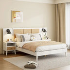 Queen Size Solid Wood Bed Frame with 2 Nightstands, Built-in Lamps, Rattan & Wood Design,White