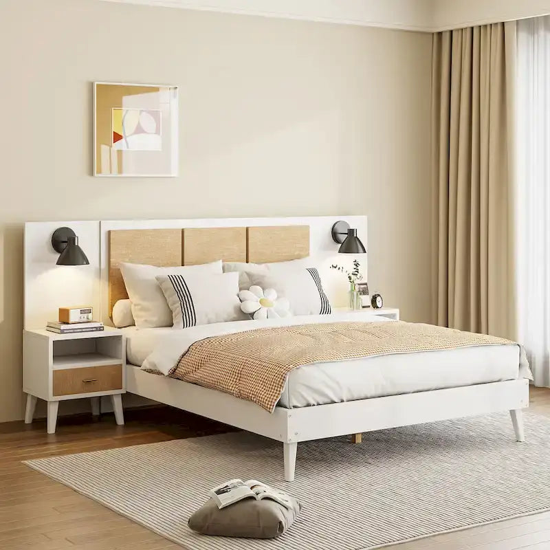Queen Size Solid Wood Bed Frame with 2 Nightstands, Built-in Lamps, Rattan & Wood Design,White