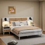 Queen Size Solid Wood Bed Frame with 2 Nightstands, Built-in Lamps, Rattan & Wood Design,White