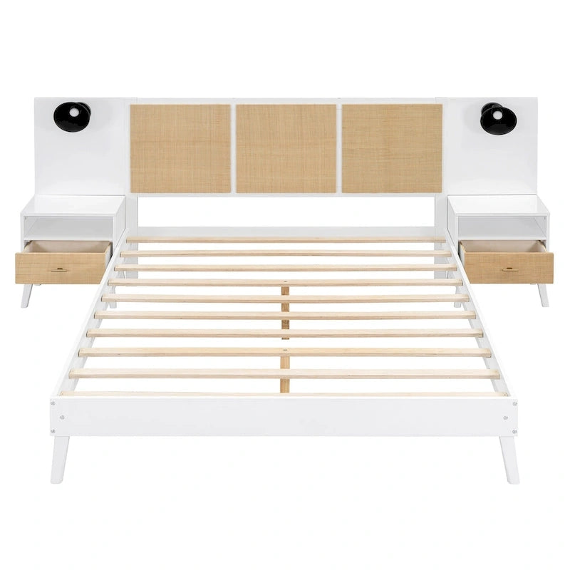 Queen Size Solid Wood Bed Frame with 2 Nightstands, Built-in Lamps, Rattan & Wood Design,White