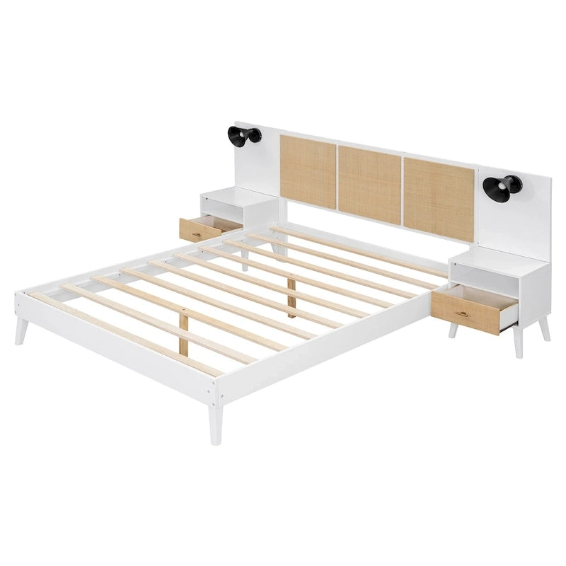 Queen Size Solid Wood Bed Frame with 2 Nightstands, Built-in Lamps, Rattan & Wood Design,White