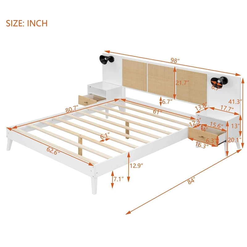 Queen Size Solid Wood Bed Frame with 2 Nightstands, Built-in Lamps, Rattan & Wood Design,White