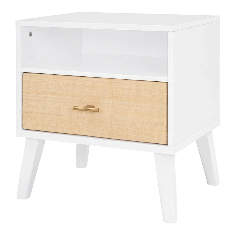 Queen Size Solid Wood Bed Frame with 2 Nightstands, Built-in Lamps, Rattan & Wood Design,White