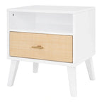 Queen Size Solid Wood Bed Frame with 2 Nightstands, Built-in Lamps, Rattan & Wood Design,White