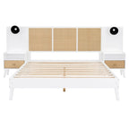 Queen Size Solid Wood Bed Frame with 2 Nightstands, Built-in Lamps, Rattan & Wood Design,White