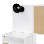 Queen Size Solid Wood Bed Frame with 2 Nightstands, Built-in Lamps, Rattan & Wood Design,White