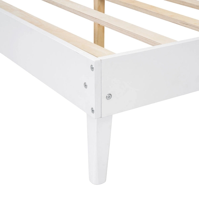 Queen Size Solid Wood Bed Frame with 2 Nightstands, Built-in Lamps, Rattan & Wood Design,White