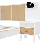 Queen Size Solid Wood Bed Frame with 2 Nightstands, Built-in Lamps, Rattan & Wood Design,White