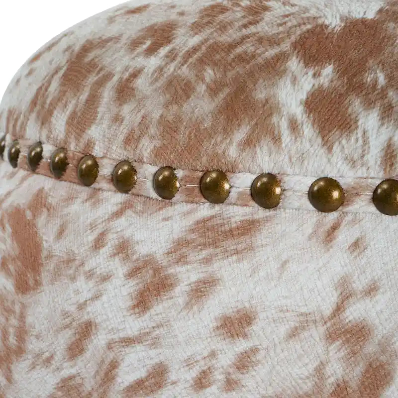 Cow Hide Pouf Ottoman with Nail Heads - 17 - Brown and White