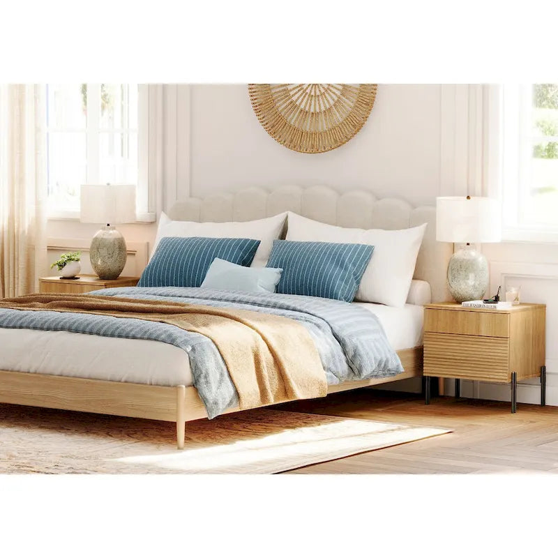 WAMPAT Fluted Nightstand with Charging Station,Modern Side Table with 2 Drawers