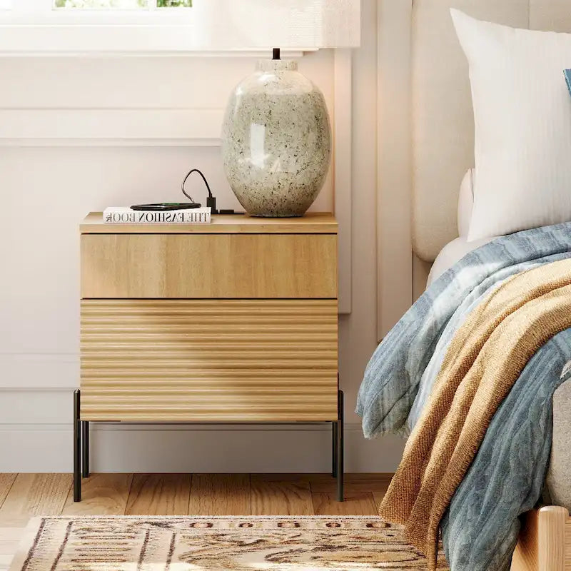 WAMPAT Fluted Nightstand with Charging Station,Modern Side Table with 2 Drawers
