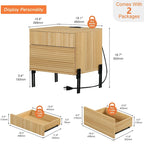 WAMPAT Fluted Nightstand with Charging Station,Modern Side Table with 2 Drawers