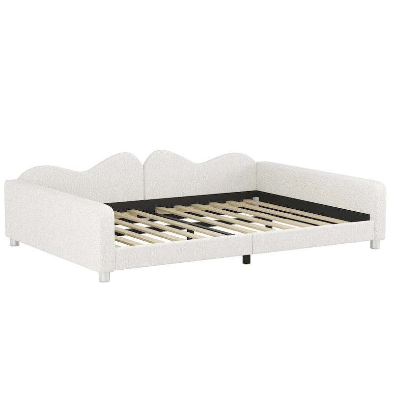 Full size Upholstered Daybed, Sherpa Fabric Sofabed with Cloud-Shaped Backrest, No Box-spring Needed, White