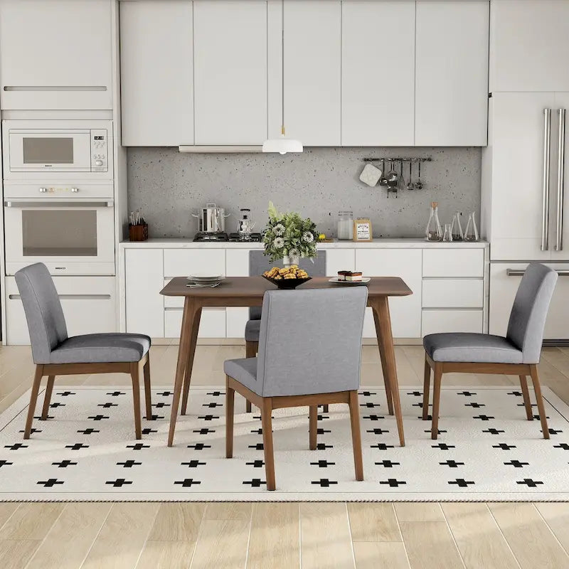 5 Piece Dining Table and Chair Set, Wooden Kitchen Furniture Set with Rectangular Table and 4 Upholstered Chairs