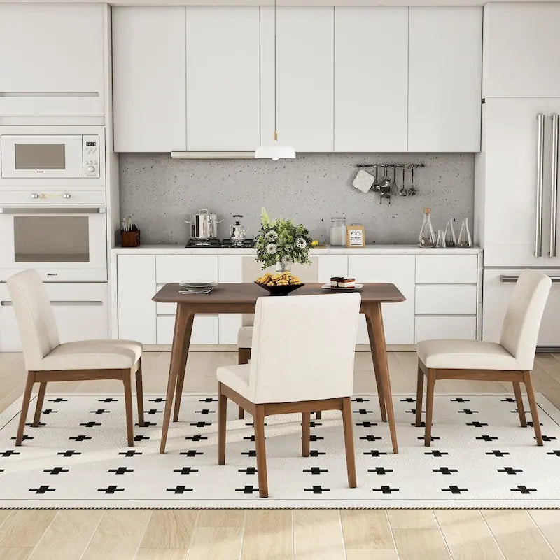 5 Piece Dining Table and Chair Set, Wooden Kitchen Furniture Set with Rectangular Table and 4 Upholstered Chairs