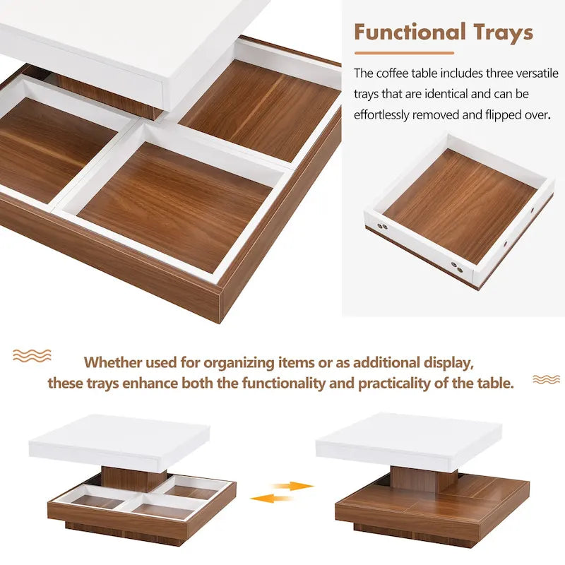 Modern 2-Tier Square 360Rotating Coffee Table with 3 Detachable Tray