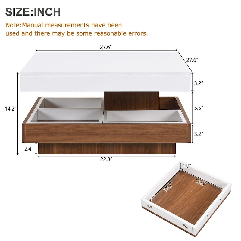 Modern 2-Tier Square 360Rotating Coffee Table with 3 Detachable Tray