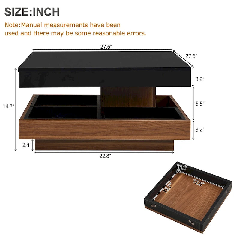 Modern 2-Tier Square 360Rotating Coffee Table with 3 Detachable Tray