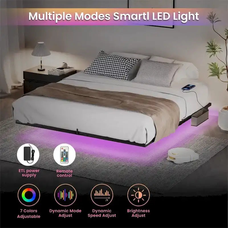 Floating Bed Frame King Size with LED Lights and Charging Station