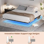 Floating Bed Frame King Size with LED Lights and Charging Station