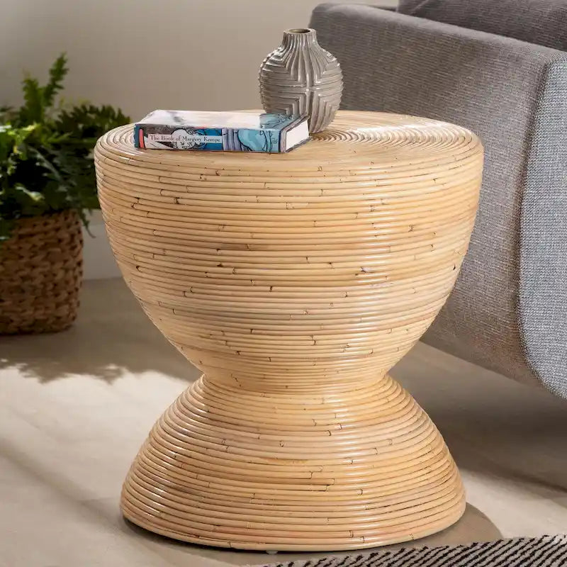 Tokyo Laminated Natural Rattan Side Table - Hourglass Table with Sculptural Design, Boho Chic Style for Living Room