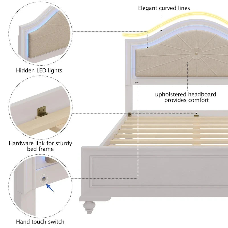 Queen LED Light Upholstered Platform Bed with Adjustable Lighting