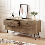 Modern Wooden Storage TV stand, Wood Legs TV Stand with Four Wide Drawers and Metal Handles, Chest of Drawers for Living Room
