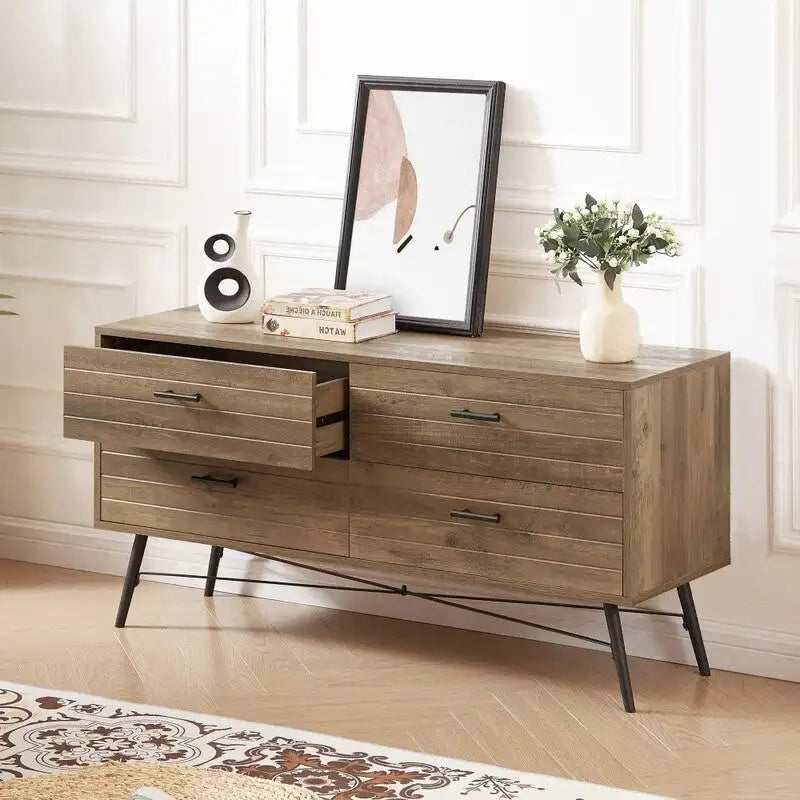 Modern Wooden Storage TV stand, Wood Legs TV Stand with Four Wide Drawers and Metal Handles, Chest of Drawers for Living Room