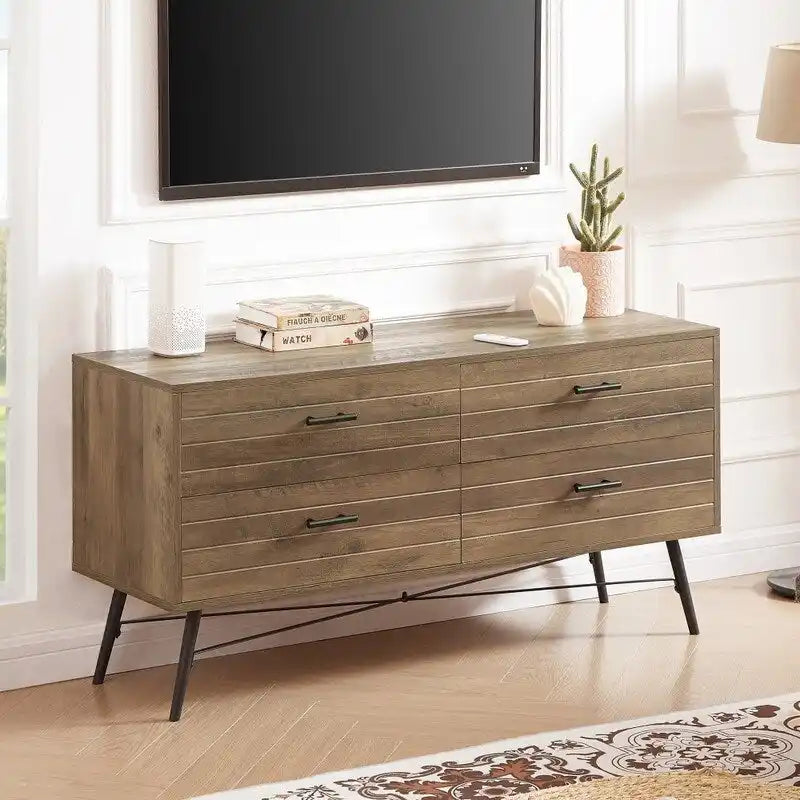 Modern Wooden Storage TV stand, Wood Legs TV Stand with Four Wide Drawers and Metal Handles, Chest of Drawers for Living Room
