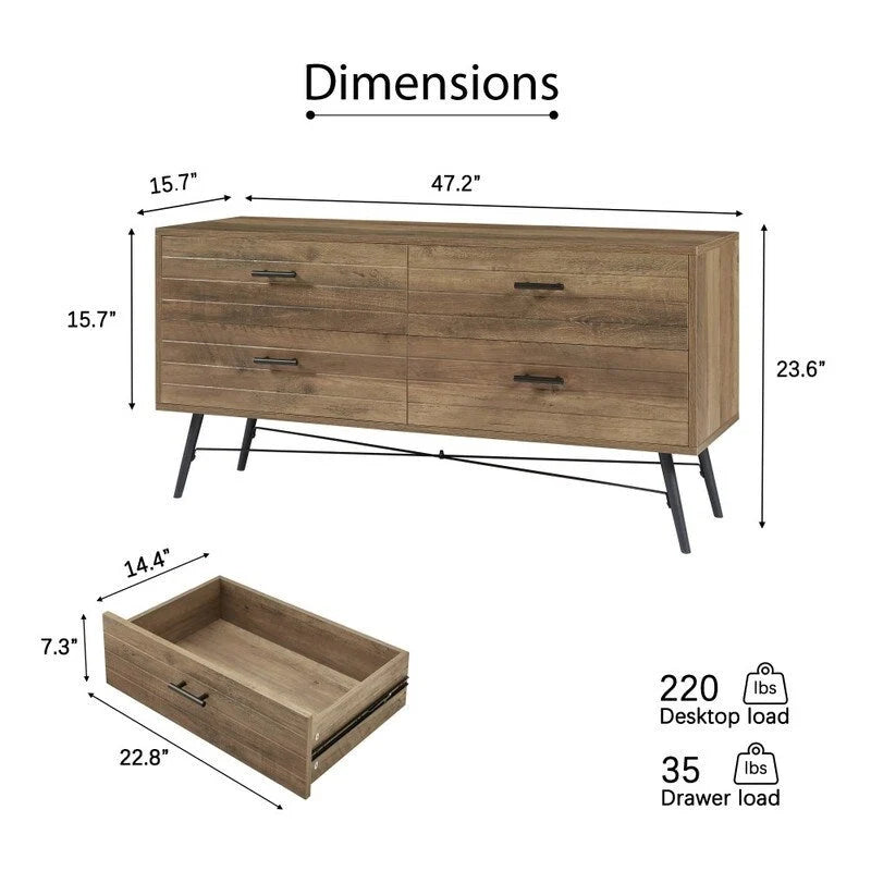 Modern Wooden Storage TV stand, Wood Legs TV Stand with Four Wide Drawers and Metal Handles, Chest of Drawers for Living Room