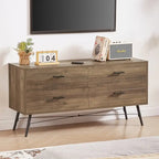 Modern Wooden Storage TV stand, Wood Legs TV Stand with Four Wide Drawers and Metal Handles, Chest of Drawers for Living Room