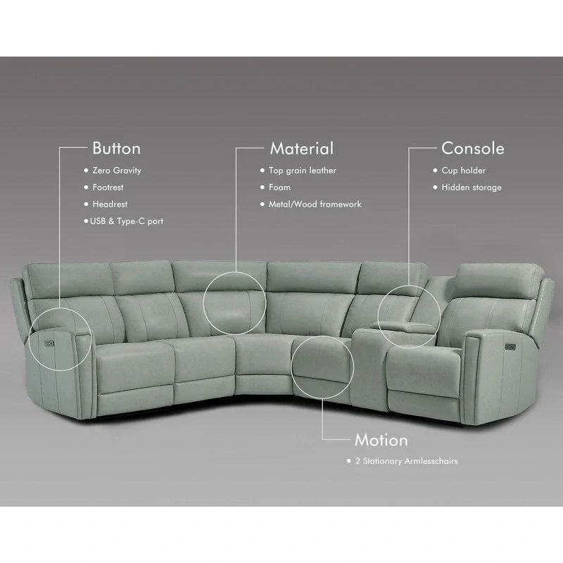 104 W Genuine Leather Power Recliner Sectional Sofa with Zero Gravity, Ajustable Headrest, USB Ports & Console