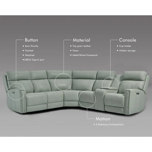 104 W Genuine Leather Power Recliner Sectional Sofa with Zero Gravity, Ajustable Headrest, USB Ports & Console