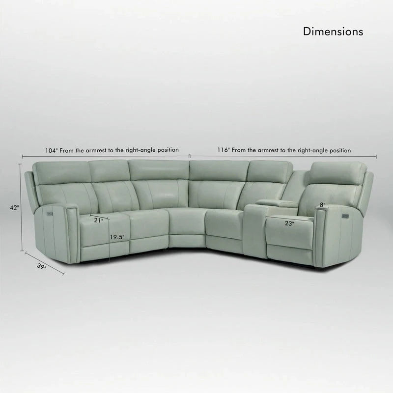 104 W Genuine Leather Power Recliner Sectional Sofa with Zero Gravity, Ajustable Headrest, USB Ports & Console