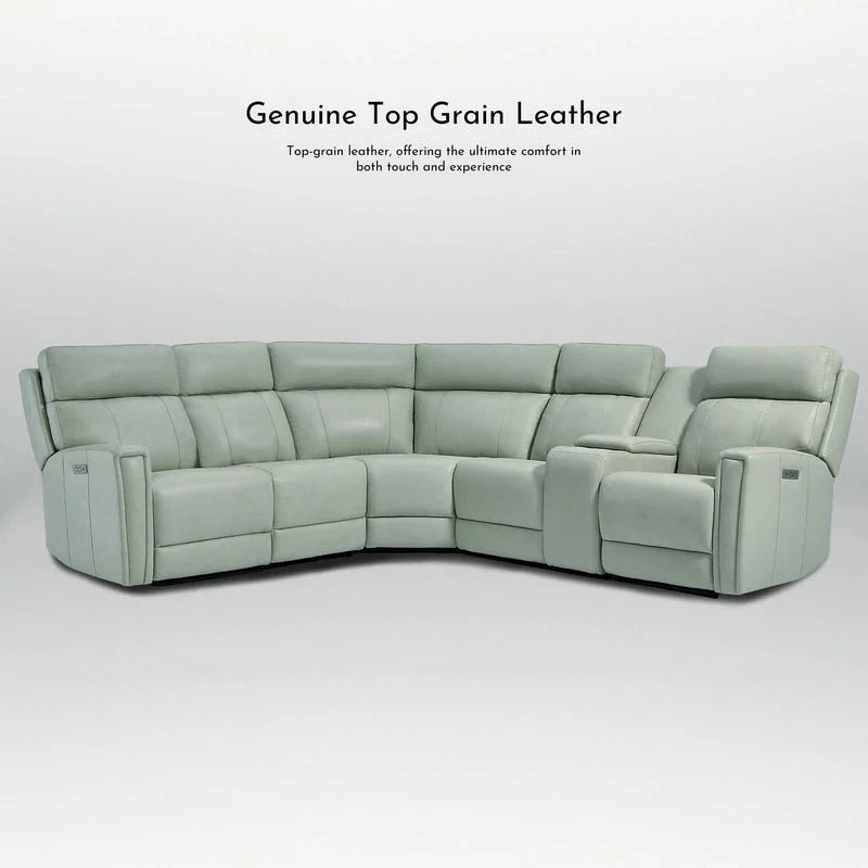 104 W Genuine Leather Power Recliner Sectional Sofa with Zero Gravity, Ajustable Headrest, USB Ports & Console